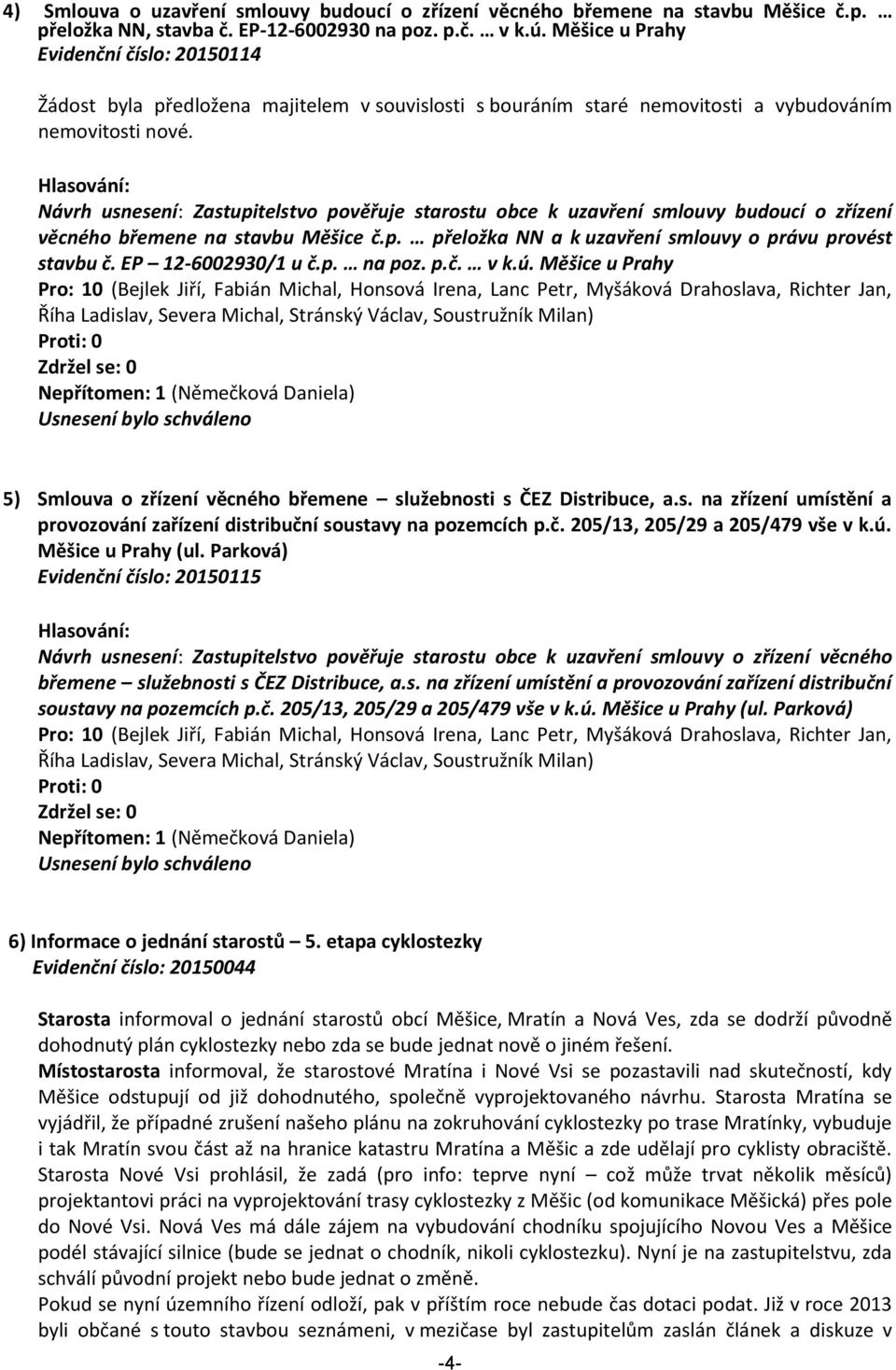 Návrh usnesení: Zastupitelstvo pověřuje starostu obce k uzavření smlouvy budoucí o zřízení věcného břemene na stavbu Měšice č.p. přeložka NN a k uzavření smlouvy o právu provést stavbu č.