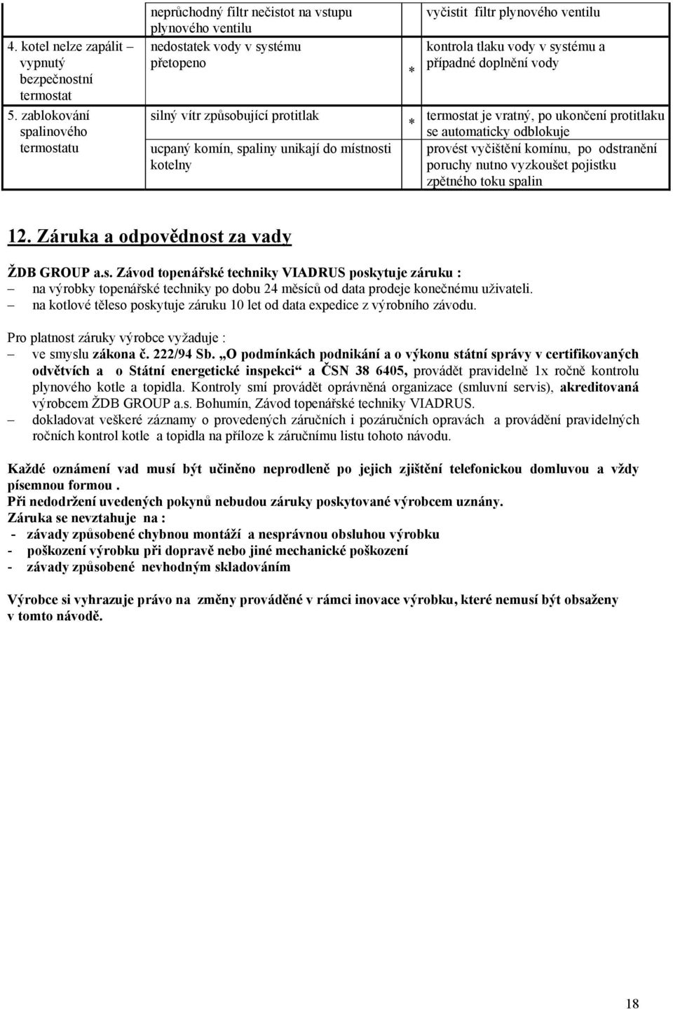 místnosti kotelny * * vyčistit filtr plynového ventilu kontrola tlaku vody v systému a případné doplnění vody termostat je vratný, po ukončení protitlaku se automaticky odblokuje provést vyčištění