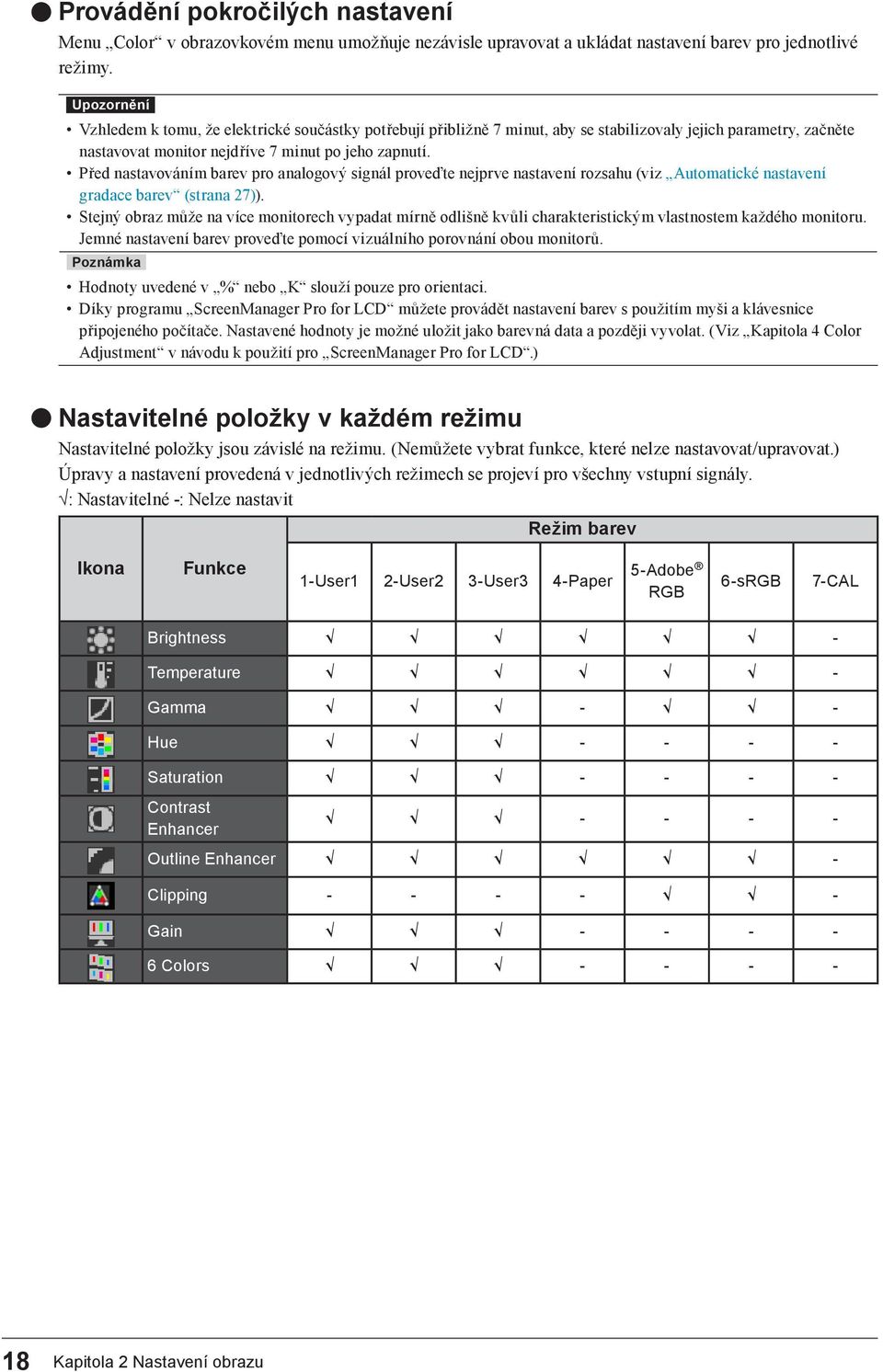 Před nastavováním barev pro analogový signál proveďte nejprve nastavení rozsahu (viz Automatické nastavení gradace barev (strana 27)).