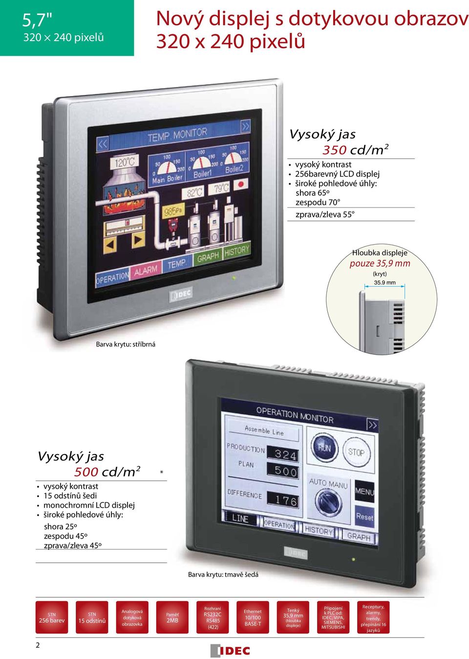 9 mm Barva krytu: stříbrná Vysoký jas 500 cd/m vysoký kontrast 5 odstínů šedi monochromní LCD displej široké pohledové úhly: shora 5º zespodu 45º zprava/zleva