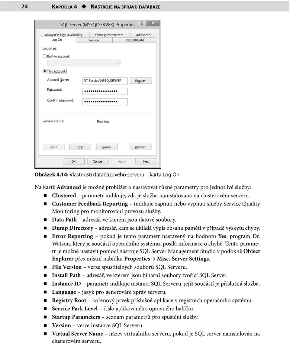 clusterovém serveru. Customer Feedback Reporting indikuje zapnutí nebo vypnutí služby Service Quality Monitoring pro monitorování provozu služby. Data Path adresář, ve kterém jsou datové soubory.