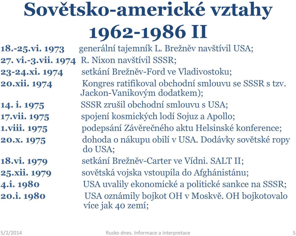 1975 podepsání Závěrečného aktu Helsinské konference; 20.x. 1975 dohoda o nákupu obilí v USA. Dodávky sovětské ropy do USA; 18.vi. 1979 setkání Brežněv-Carter ve Vídni. SALT II; 25.xii.