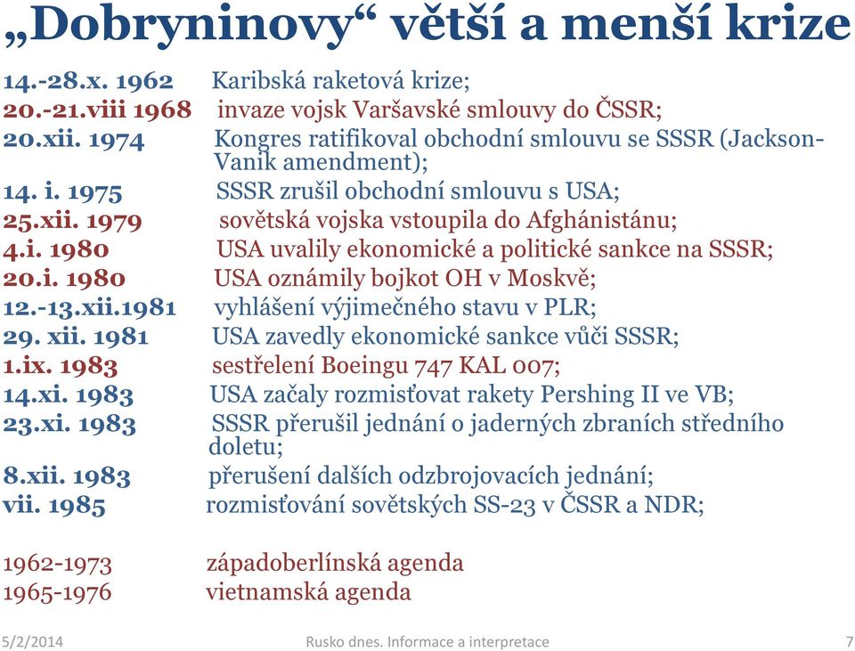 i. 1980 USA oznámily bojkot OH v Moskvě; 12.-13.xii.1981 vyhlášení výjimečného stavu v PLR; 29. xii. 1981 USA zavedly ekonomické sankce vůči SSSR; 1.ix. 1983 sestřelení Boeingu 747 KAL 007; 14.xi. 1983 USA začaly rozmisťovat rakety Pershing II ve VB; 23.