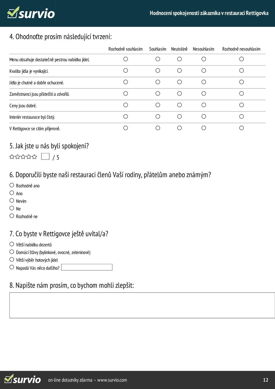 Jak jste u nás byli spokojeni? / 5 6. Doporučili byste naši restauraci členů Vaší rodiny, přátelům anebo známým? Rozhodně ano Ano Nevím Ne Rozhodně ne 7.