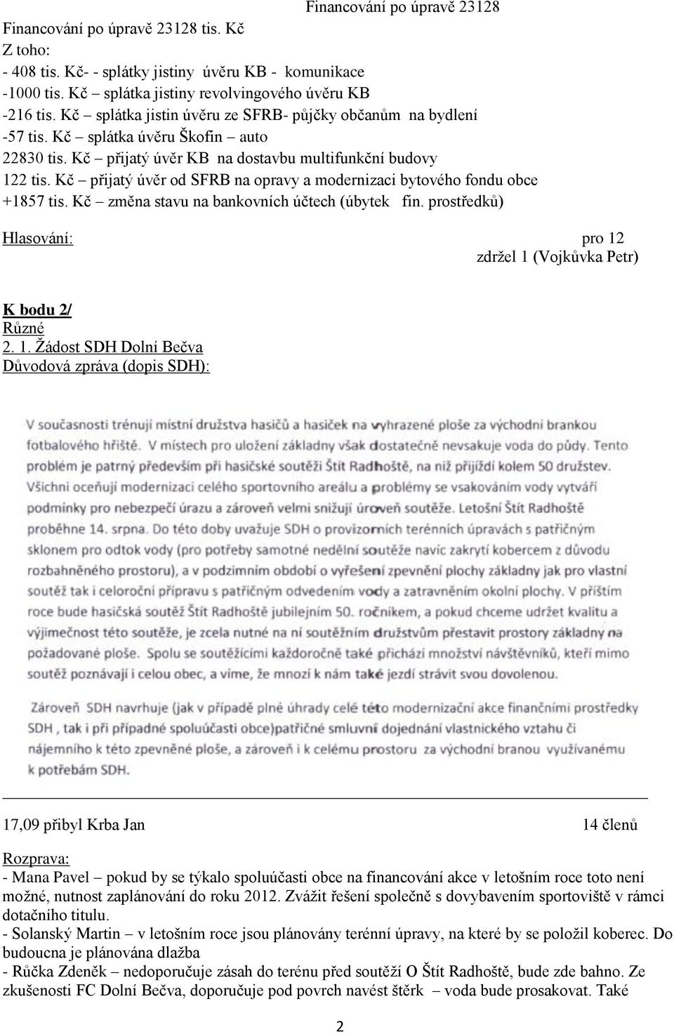 Kč přijatý úvěr od SFRB na opravy a modernizaci bytového fondu obce +1857 tis. Kč změna stavu na bankovních účtech (úbytek fin.