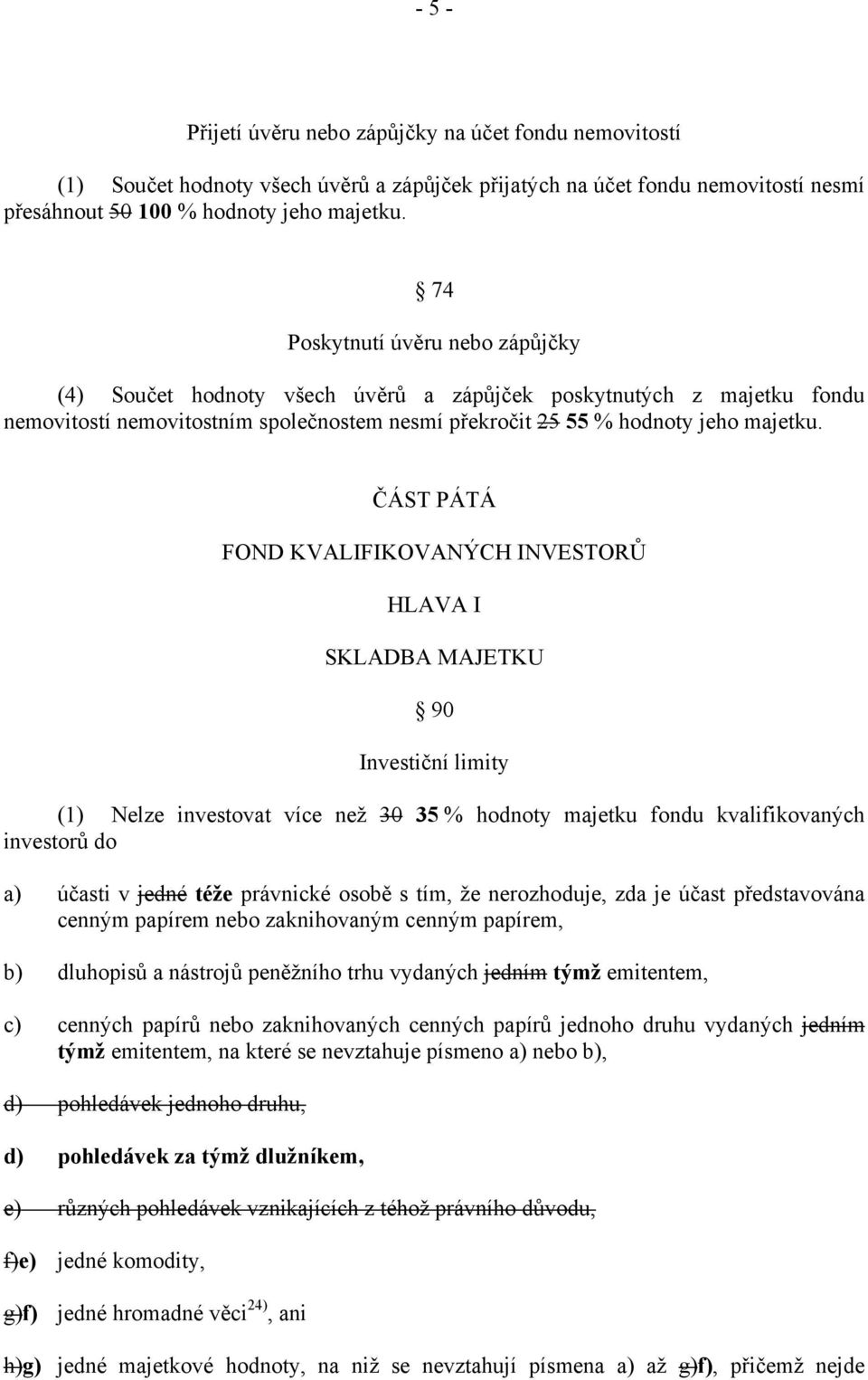 ČÁST PÁTÁ FOND KVALIFIKOVANÝCH INVESTORŮ HLAVA I SKLADBA MAJETKU 90 Investiční limity (1) Nelze investovat více než 30 35 % hodnoty majetku fondu kvalifikovaných investorů do a) účasti v jedné téže