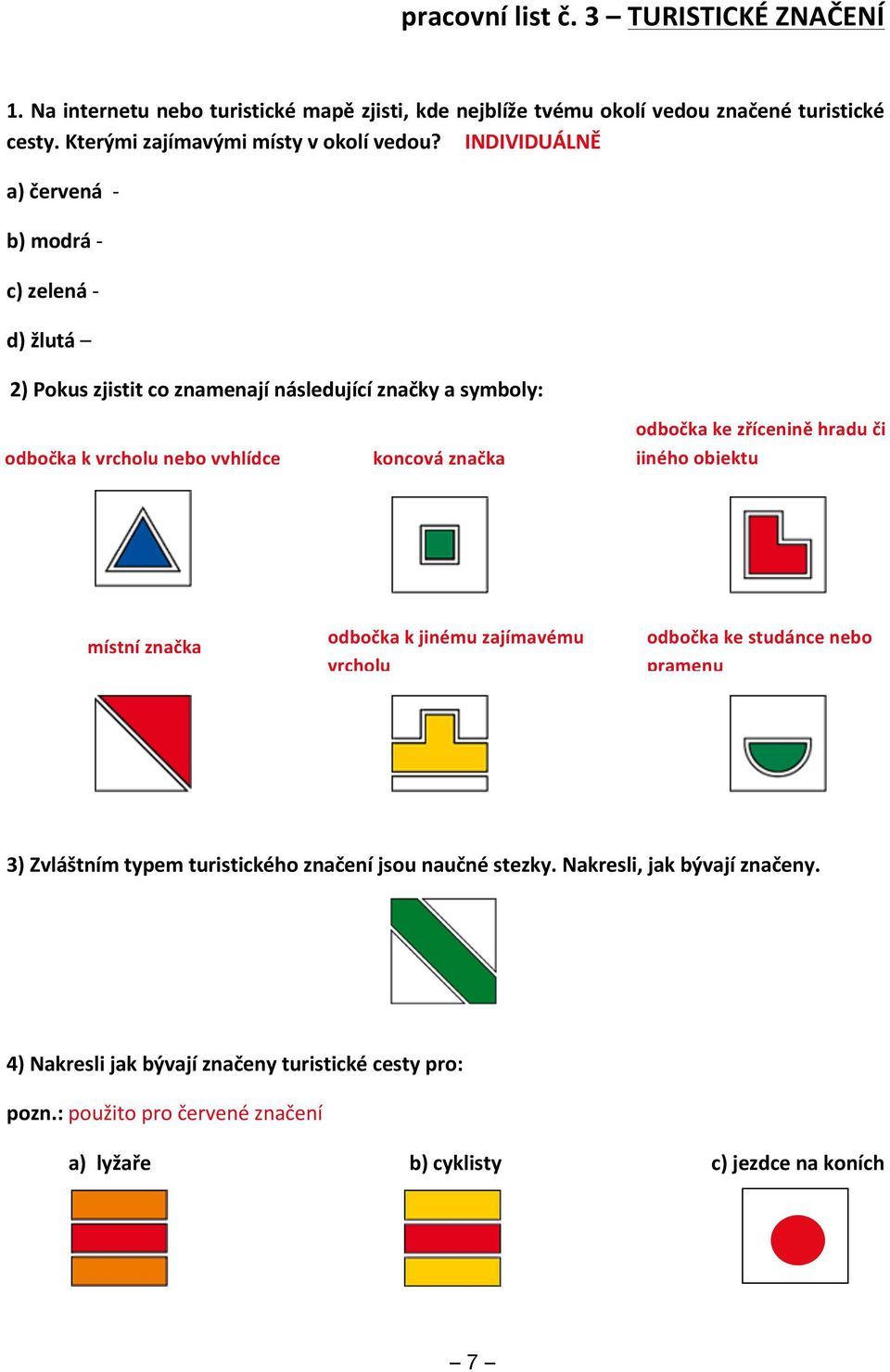 INDIVIDUÁLNĚ a) červená - b) modrá - c) zelená - d) žlutá 2) Pokus zjistit co znamenají následující značky a symboly: odbočka k vrcholu nebo vyhlídce koncová značka odbočka