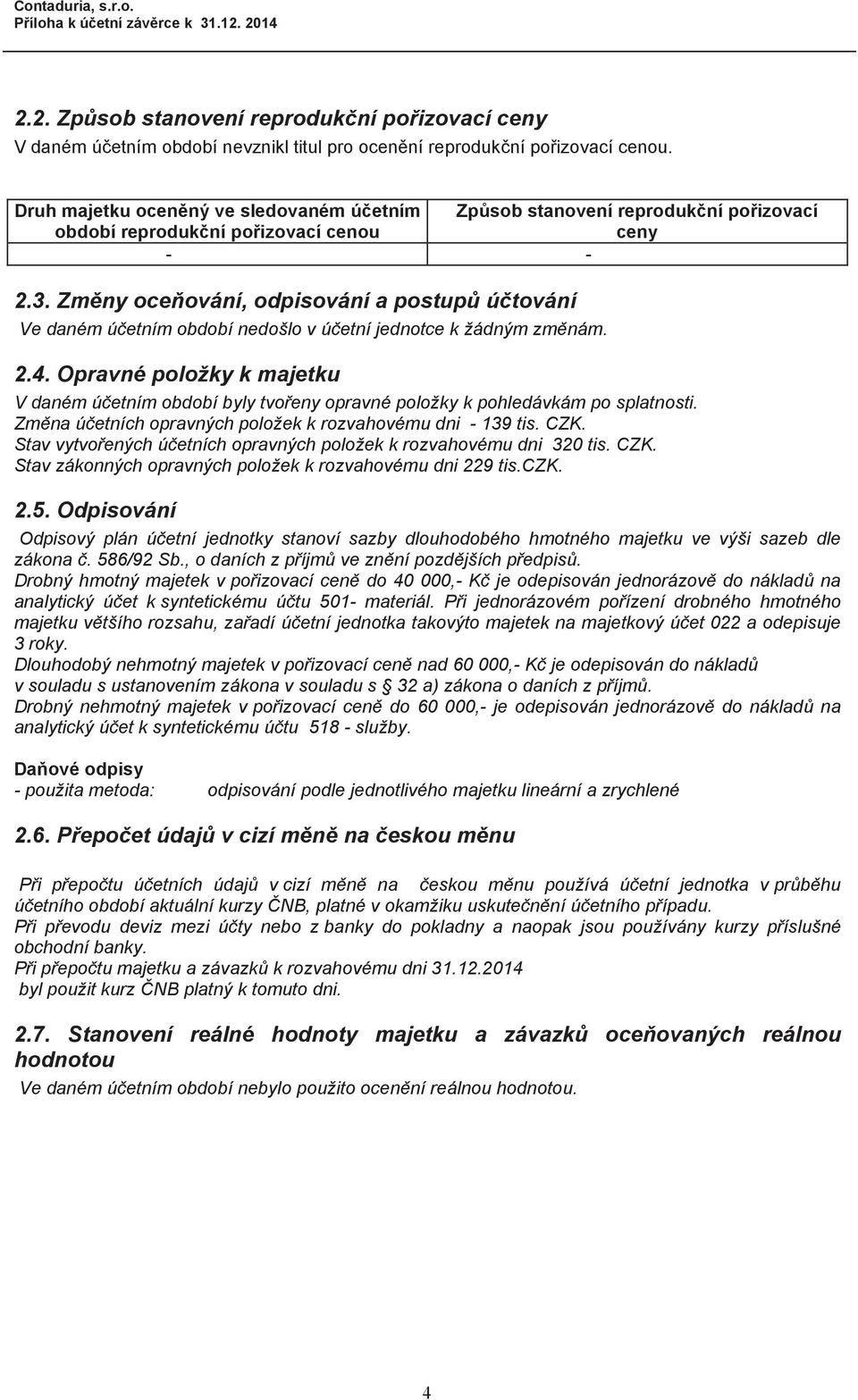 Zmny oceování, odpisování a postup útování Ve daném úetním období nedošlo v úetní jednotce k žádným zmnám. 2.4.