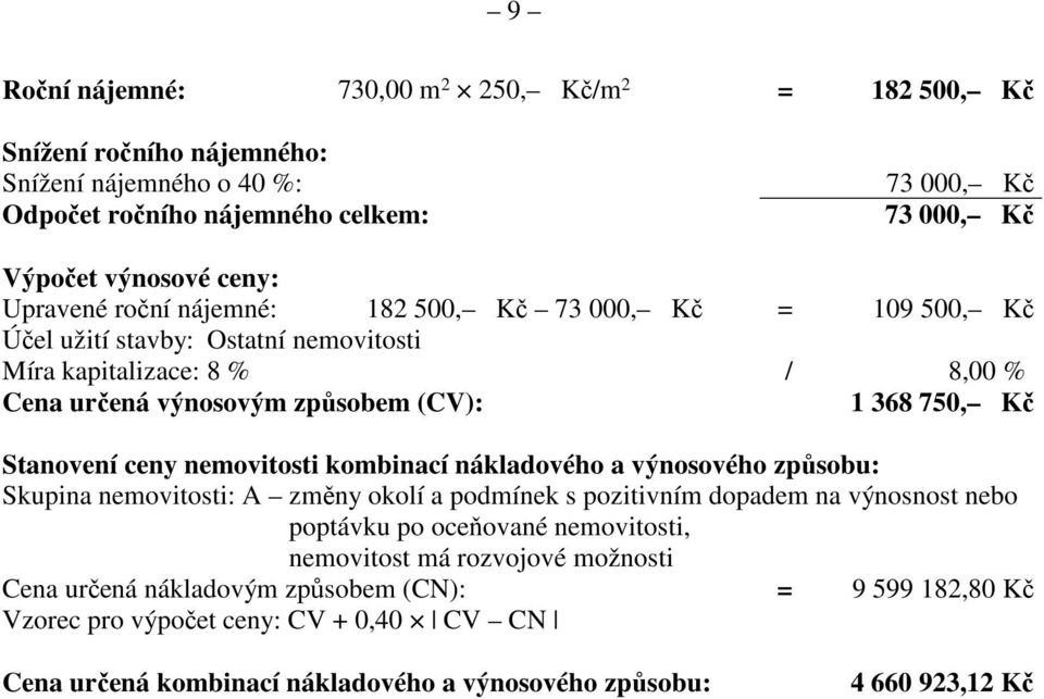 Stanovení ceny nemovitosti kombinací nákladového a výnosového způsobu: Skupina nemovitosti: A změny okolí a podmínek s pozitivním dopadem na výnosnost nebo poptávku po oceňované nemovitosti,