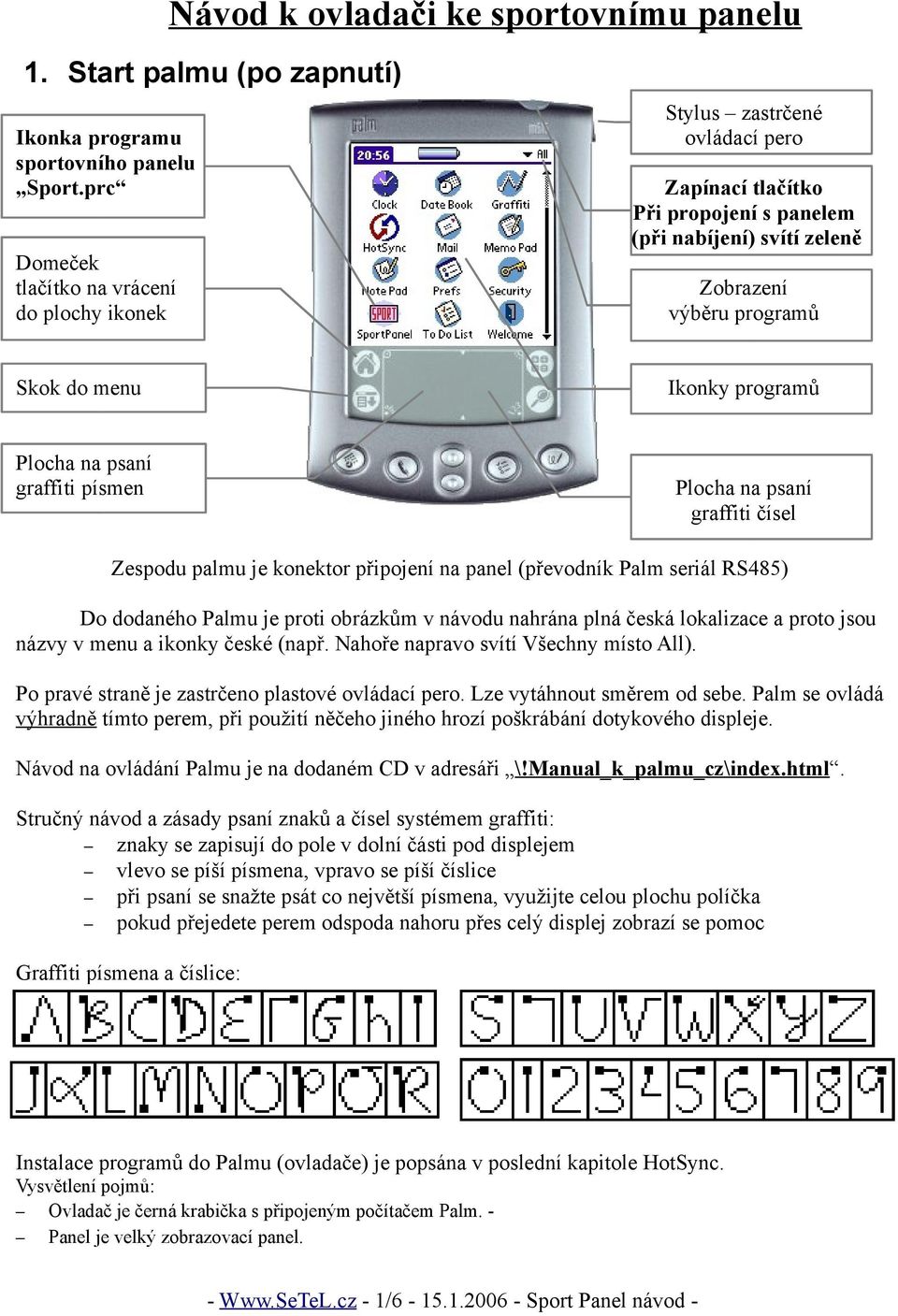 programů Plocha na psaní graffiti písmen Plocha na psaní graffiti čísel Zespodu palmu je konektor připojení na panel (převodník Palm seriál RS485) Do dodaného Palmu je proti obrázkům v návodu nahrána