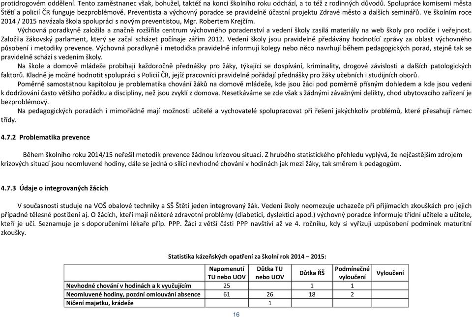 Výchovná poradkyně založila a značně rozšířila centrum výchovného poradenství a vedení školy zasílá materiály na web školy pro rodiče i veřejnost.