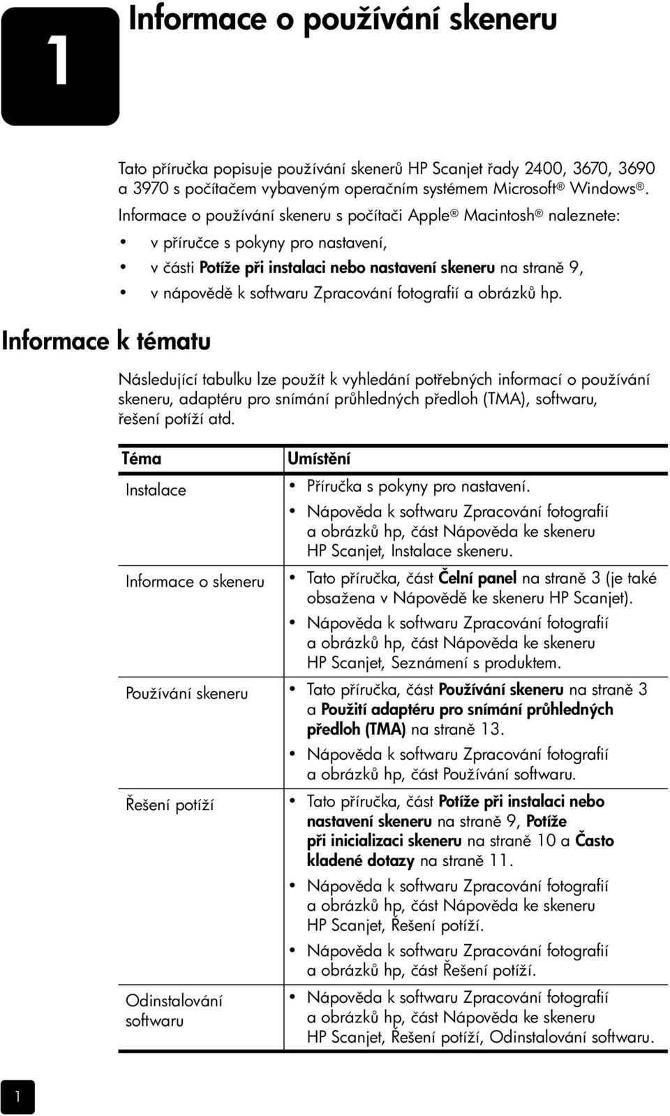 fotografií a obrázk hp. Následující tabulku lze použít k vyhledání pot ebných informací o používání skeneru, adaptéru pro snímání pr hledných p edloh (TMA), softwaru, ešení potíží atd.
