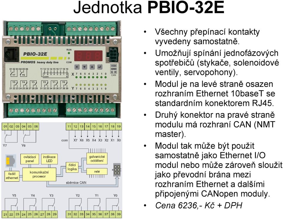 Modul je na levé straně osazen rozhraním Ethernet 10baseT se standardním konektorem RJ45.