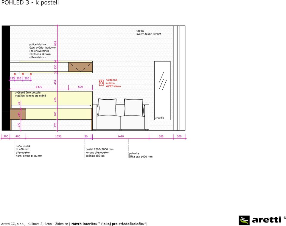 270 280 420 454 36 230 1472 600 nástěnné svítidlo WOFI Marco zrcadlo 200 400 1636 36 1420 608 300 noční stolek