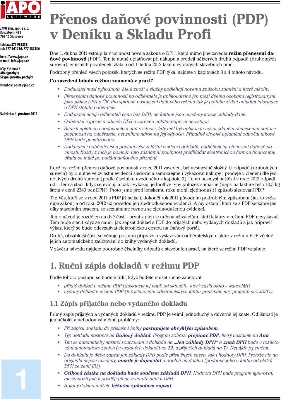 Přenos daňové povinnosti (PDP) v Deníku a Skladu Profi - PDF Stažení zdarma