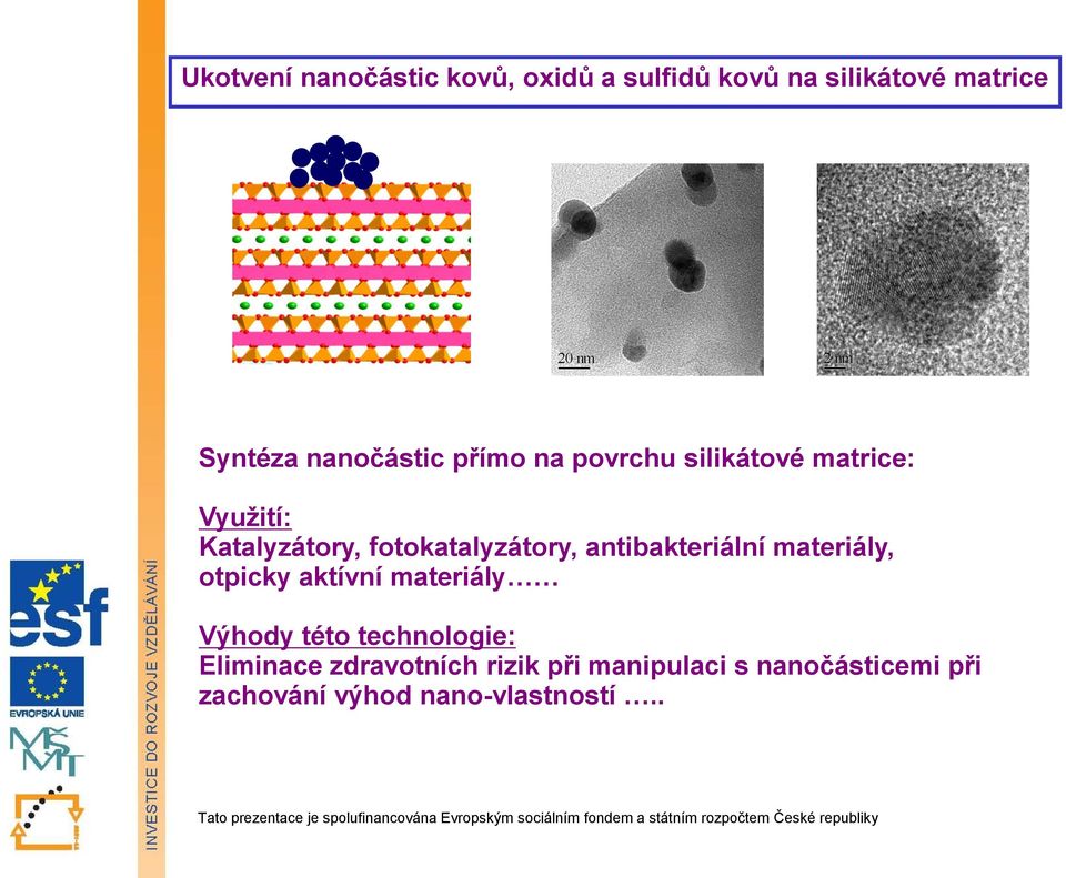 Syntéza nanočástic přímo na povrchu silikátové matrice: Využití: Katalyzátory, fotokatalyzátory,