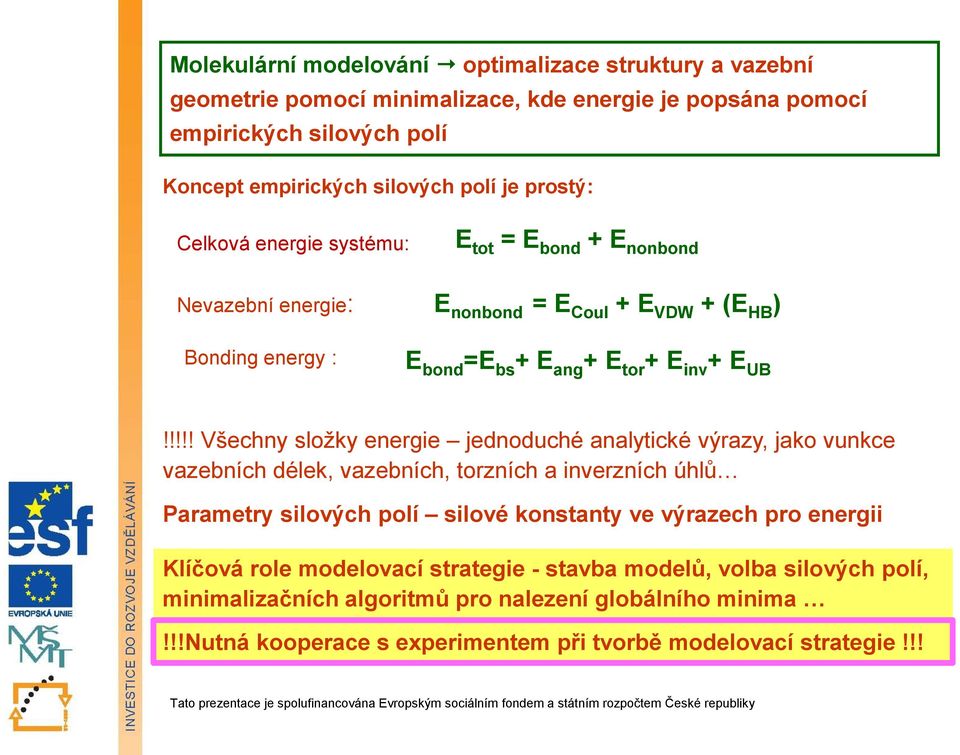 !!!! Všechny složky energie jednoduché analytické výrazy, jako vunkce vazebních délek, vazebních, torzních a inverzních úhlů Parametry silových polí silové konstanty ve výrazech pro