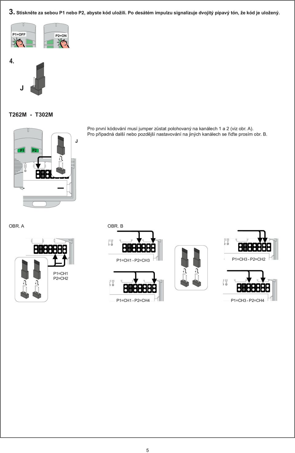 T6M - T30M Pro první kódování musí jumper zůstat polohovaný na kanálech a (viz obr. A).