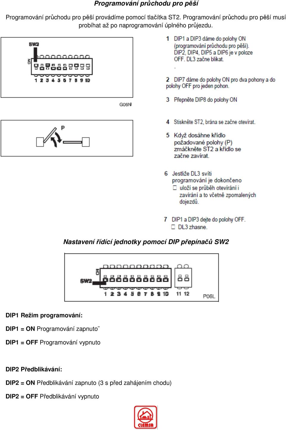 Nastavení řídící jednotky pomocí DIP přepínačů SW2 DIP1 Režim programování: DIP1 = ON Programování zapnuto