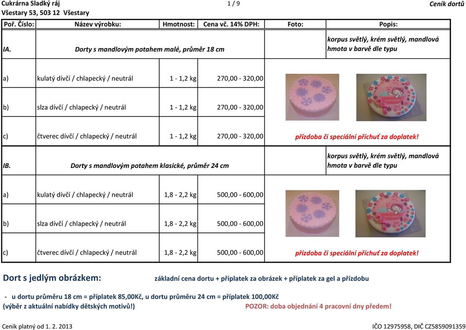 neutrál 1-1,2 kg 270,00-320,00 c) čtverec dívčí / chlapecký / neutrál 1-1,2 kg 270,00-320,00 přízdoba či speciální příchuť za doplatek! IB.