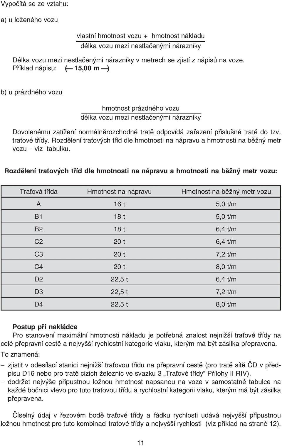 traťové třídy. Rozdělení traťových tříd dle hmotnosti na nápravu a hmotnosti na běžný metr vozu viz tabulku.