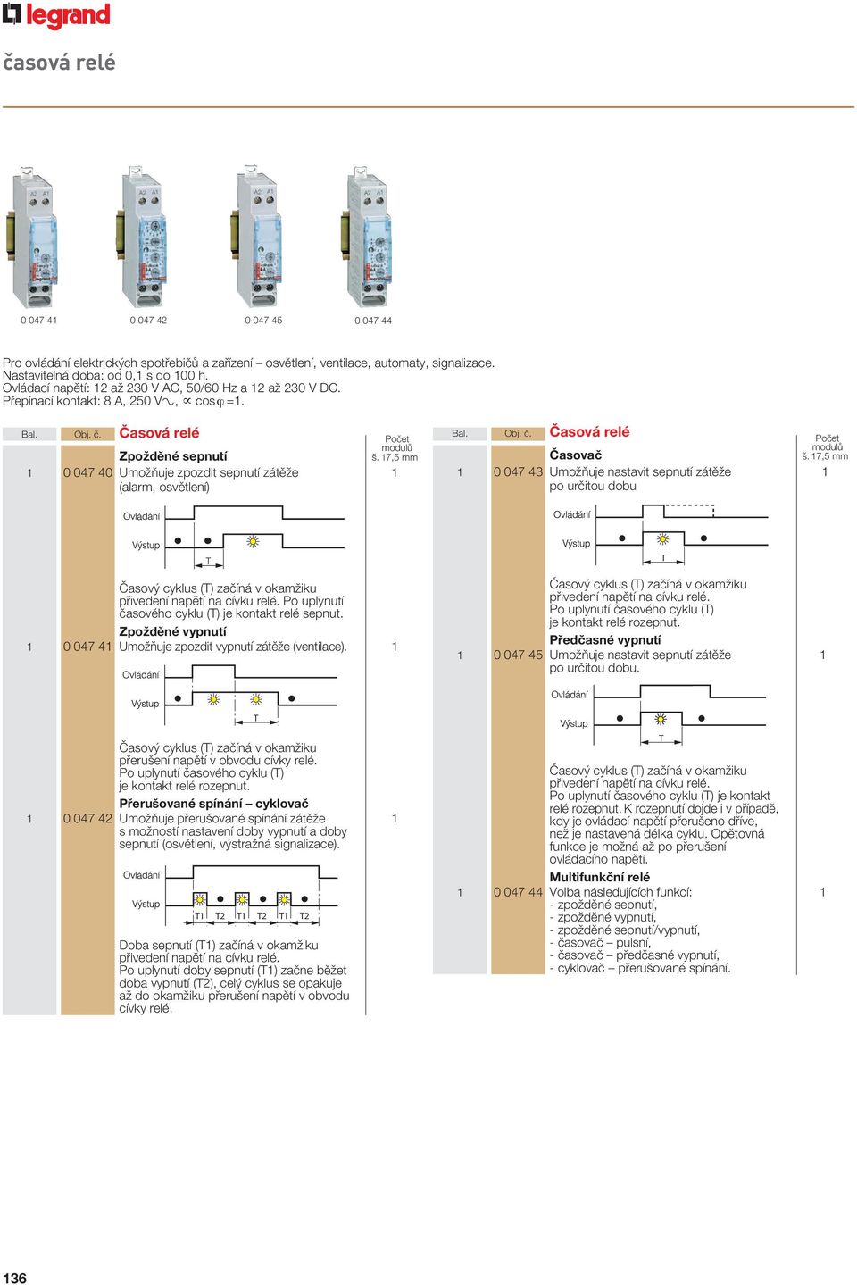 Obj. č. Časová relé Časovač 0 047 43 Umožňuje nastavit sepnutí zátěže po určitou dobu T T Časový cyklus (T) začíná v okamžiku přivedení napětí na cívku relé.
