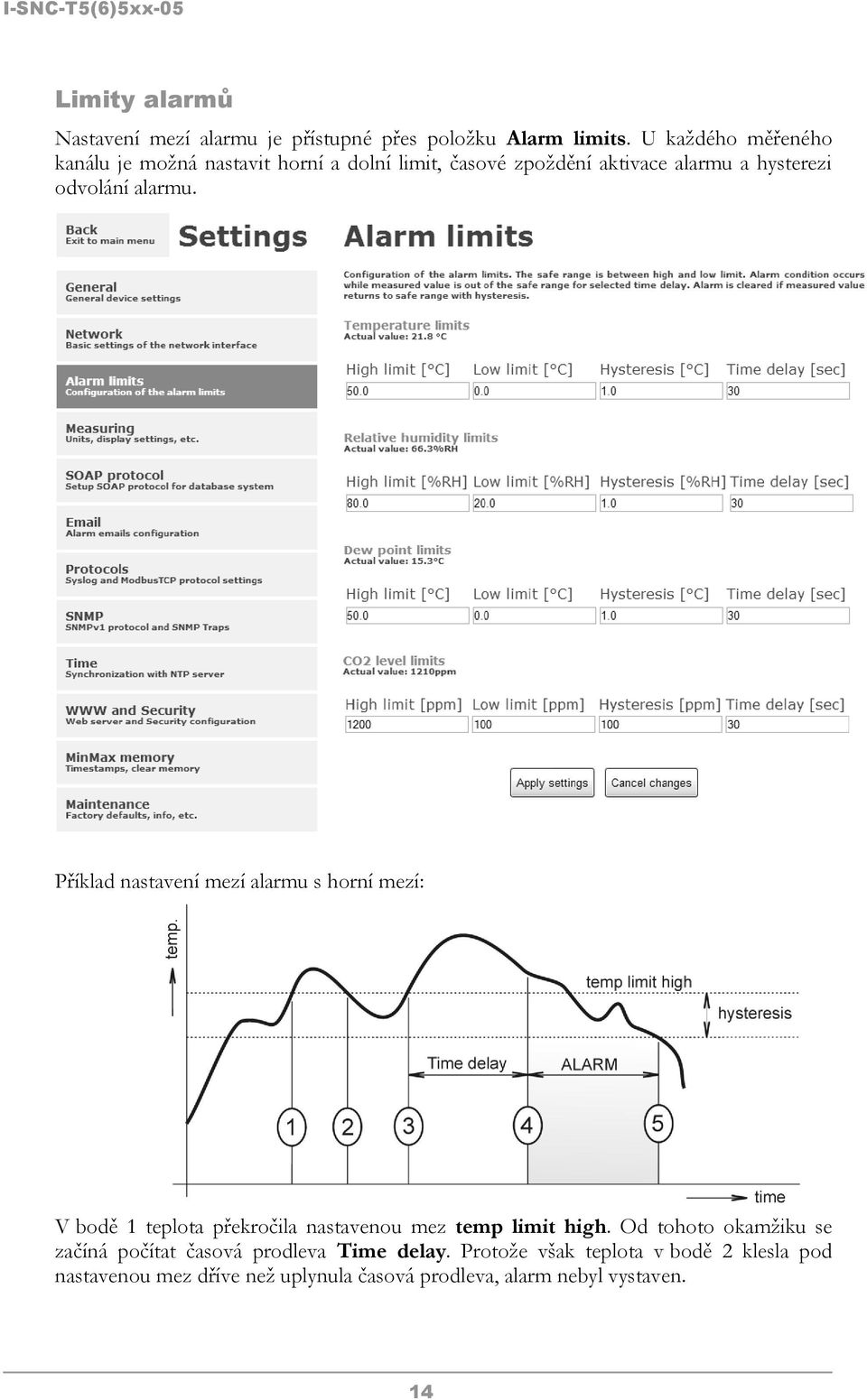 alarmu. Příklad nastavení mezí alarmu s horní mezí: V bodě 1 teplota překročila nastavenou mez temp limit high.