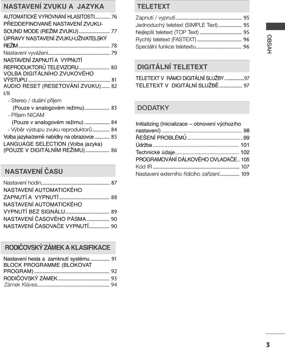 .. 8 - Pfiíjem NICAM (Pouze v analogovém režimu)... 8 - V bûr v stupu zvuku reproduktorû... 8 Volba jazyka/země nabídky na obrazovce... 85 LANGUAGE SELECTION (Volba jazyka) (POUZE V DIGITÁLNÍM REŽIMU).
