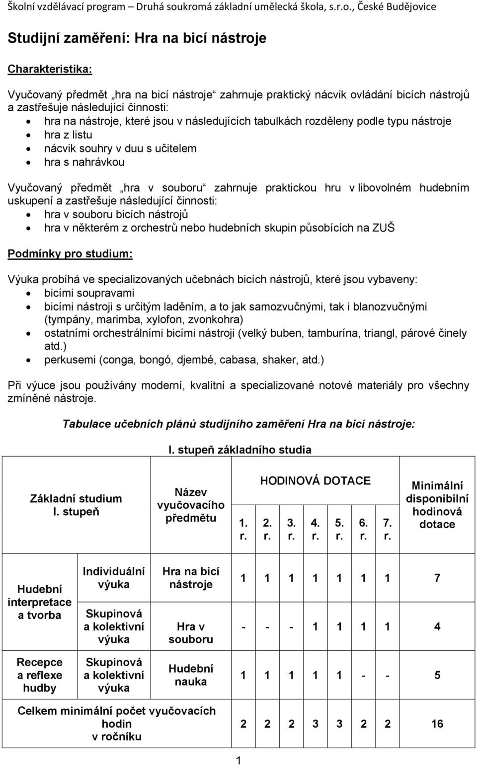 hudebním uskupení a zastřešuje následující činnosti: hra v souboru bicích nástrojů hra v některém z orchestrů nebo hudebních skupin působících na ZUŠ Podmínky pro studium: Výuka probíhá ve