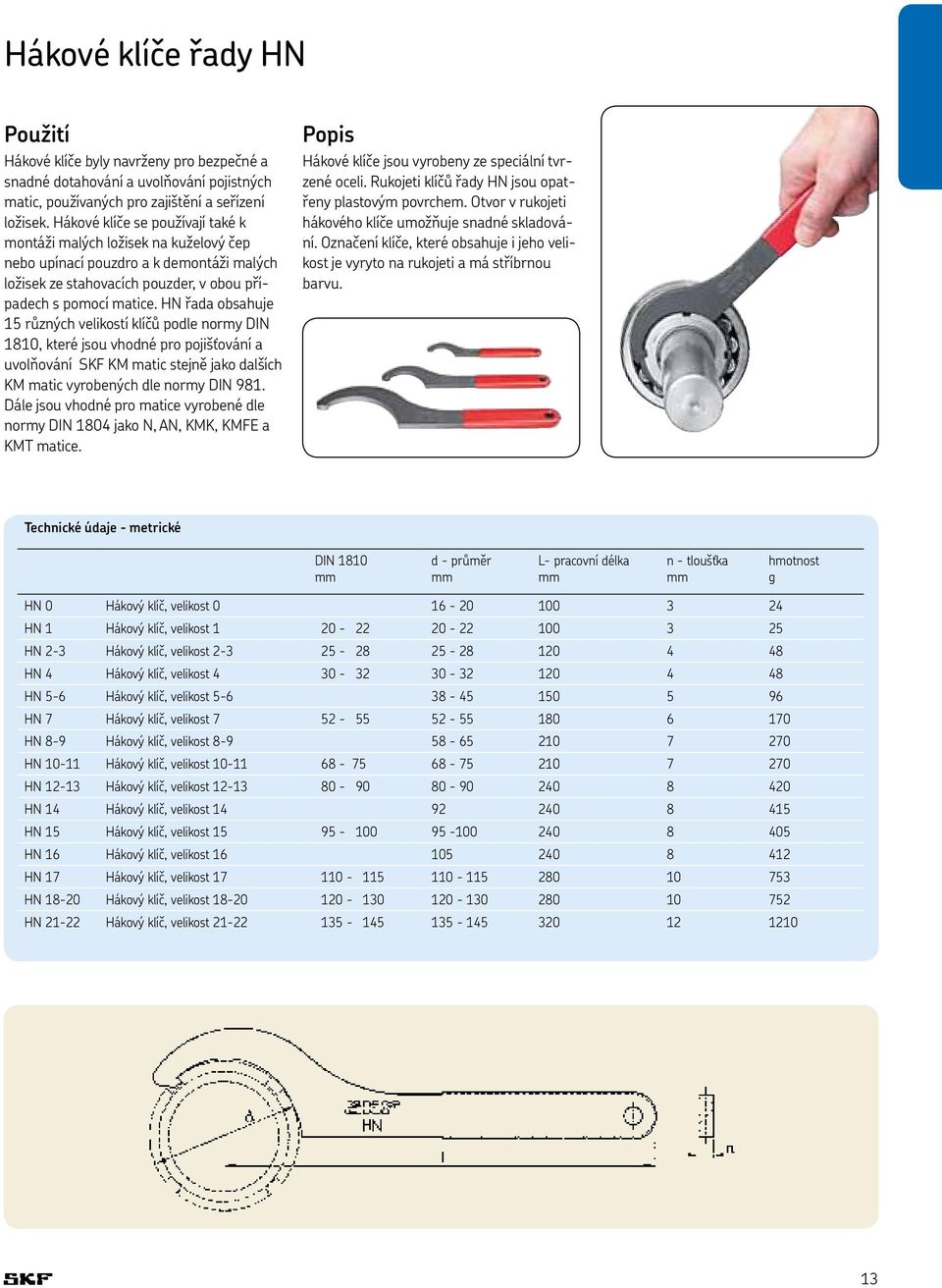 HN řada obsahuje 15 různých velikostí klíčů podle normy DIN 1810, které jsou vhodné pro pojišťování a uvolňování SKF KM matic stejně jako dalších KM matic vyrobených dle normy DIN 981.