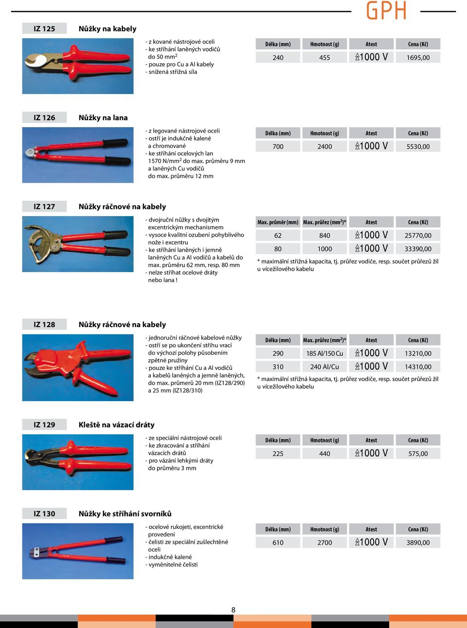 průměru 12 mm 700 2400 5530,00 IZ 127 Nůžky ráčnové na kabely - dvojruční nůžky s dvojitým excentrickým mechanismem - vysoce kvalitní ozubení pohyblivého nože i excentru - ke stříhání laněných i