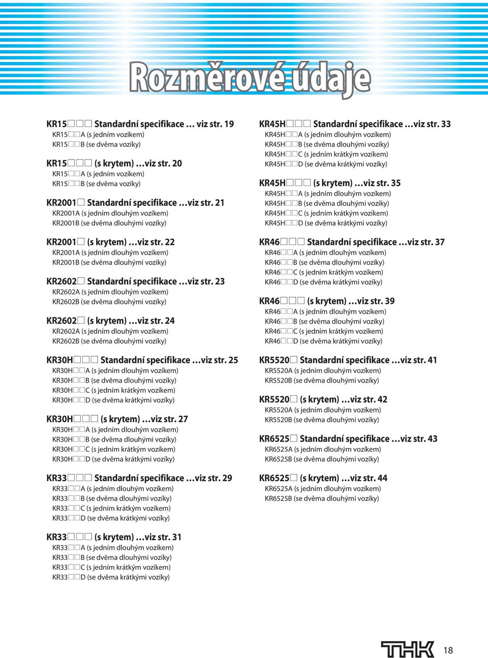 KR1 (s jedním dlouhým vozíkem) KR1 (se dvěma dlouhými vozíky) KR- Standardní specifikace viz str. KR (s jedním dlouhým vozíkem) KR (se dvěma dlouhými vozíky) KR- (s krytem) viz str.