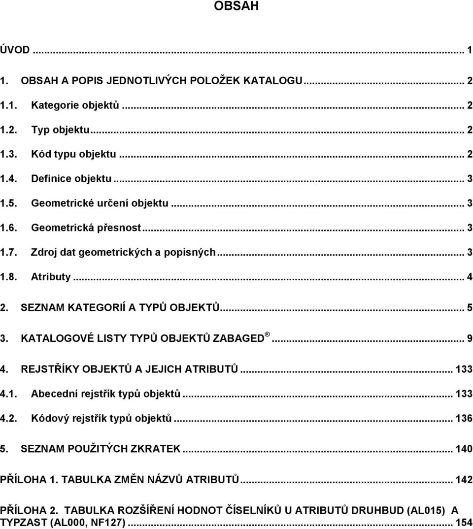 KATALOGOVÉ LISTY TYPŮ OBJEKTŮ ZABAGED... 9 4. REJSTŘÍKY OBJEKTŮ A JEJICH ATRIBUTŮ... 133 4.1. Abecední rejstřík typů objektů... 133 4.2. Kódový rejstřík typů objektů... 136 5.