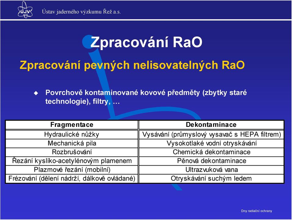 Plazmové řezání (mobilní) Frézování (dělení nádrží, dálkově ovládané) Dekontaminace Vysávání (průmyslový vysavač s