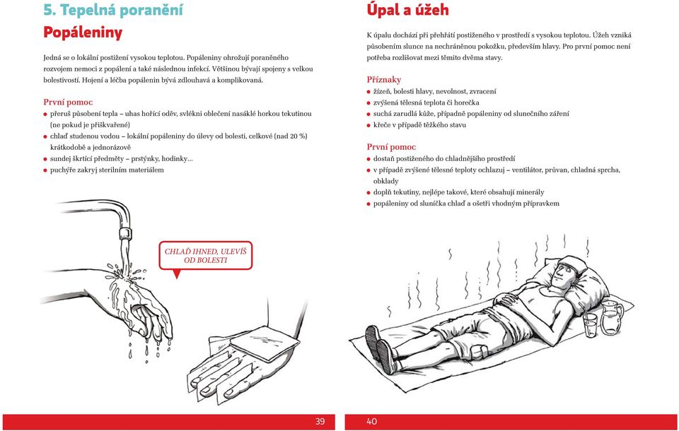 První pomoc přeruš působení tepla uhas hořící oděv, svlékni oblečení nasáklé horkou tekutinou (ne pokud je přiškvařené) chlaď studenou vodou lokální popáleniny do úlevy od bolesti, celkové (nad 20 %)
