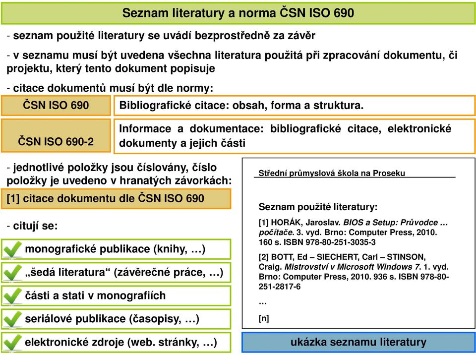 ČSN ISO 690-2 Informace a dokumentace: bibliografické citace, elektronické dokumenty a jejich části - jednotlivé položky jsou číslovány, číslo položky je uvedeno v hranatých závorkách: [1] citace