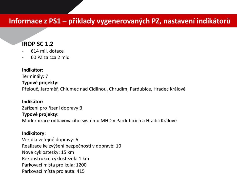 Králové Indikátor: Zařízení pro řízení dopravy:3 Typové projekty: Modernizace odbavovacího systému MHD v Pardubicích a Hradci Králové