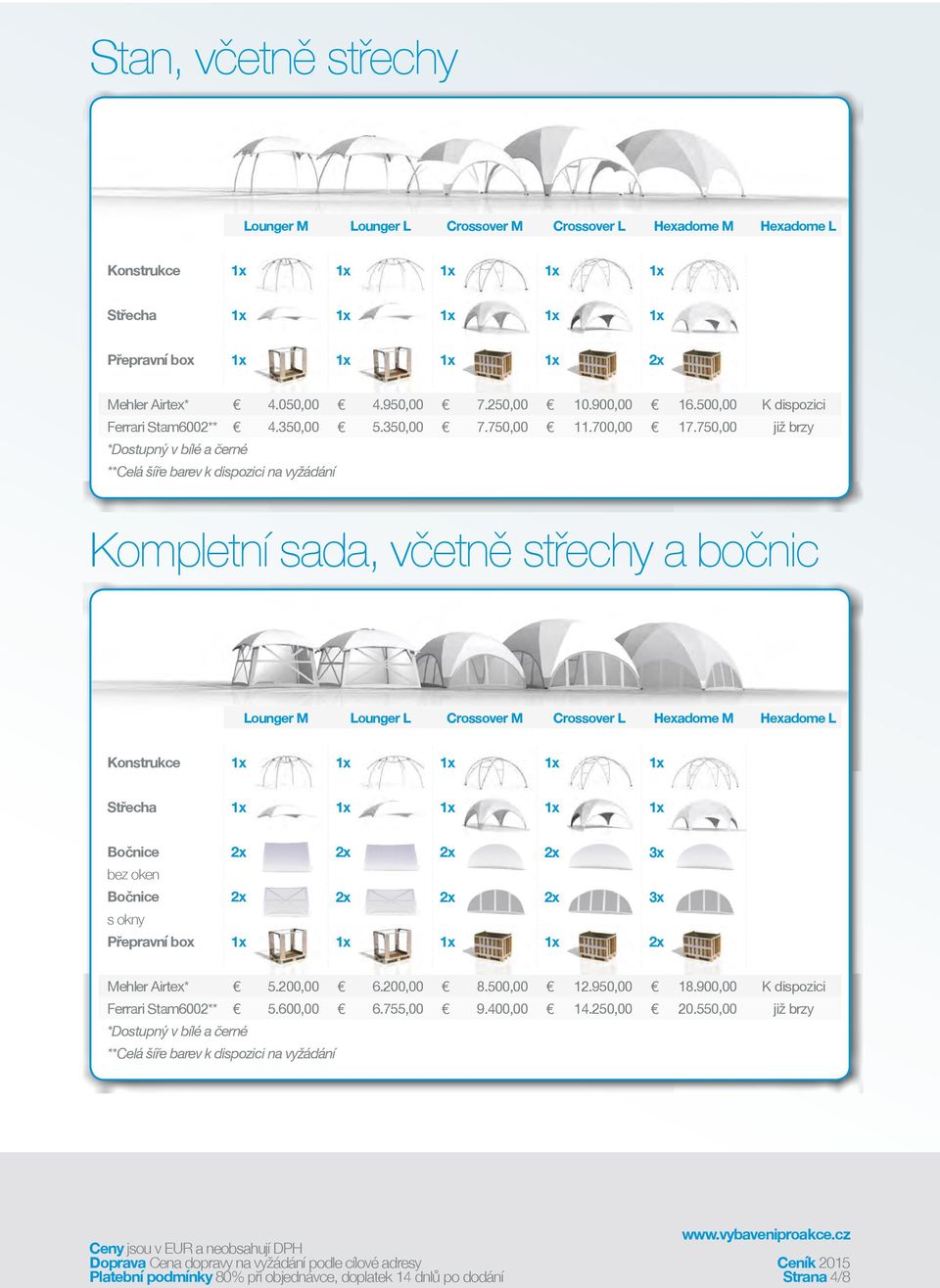 750,00 Kompletní sada, včetně střechy a bočnic Lounger M Lounger L Crossover M Crossover L Hexadome M Hexadome L Konstrukce Střecha Bočnice bez oken Bočnice s okny Přepravní box 3x 3x Mehler Airtex*