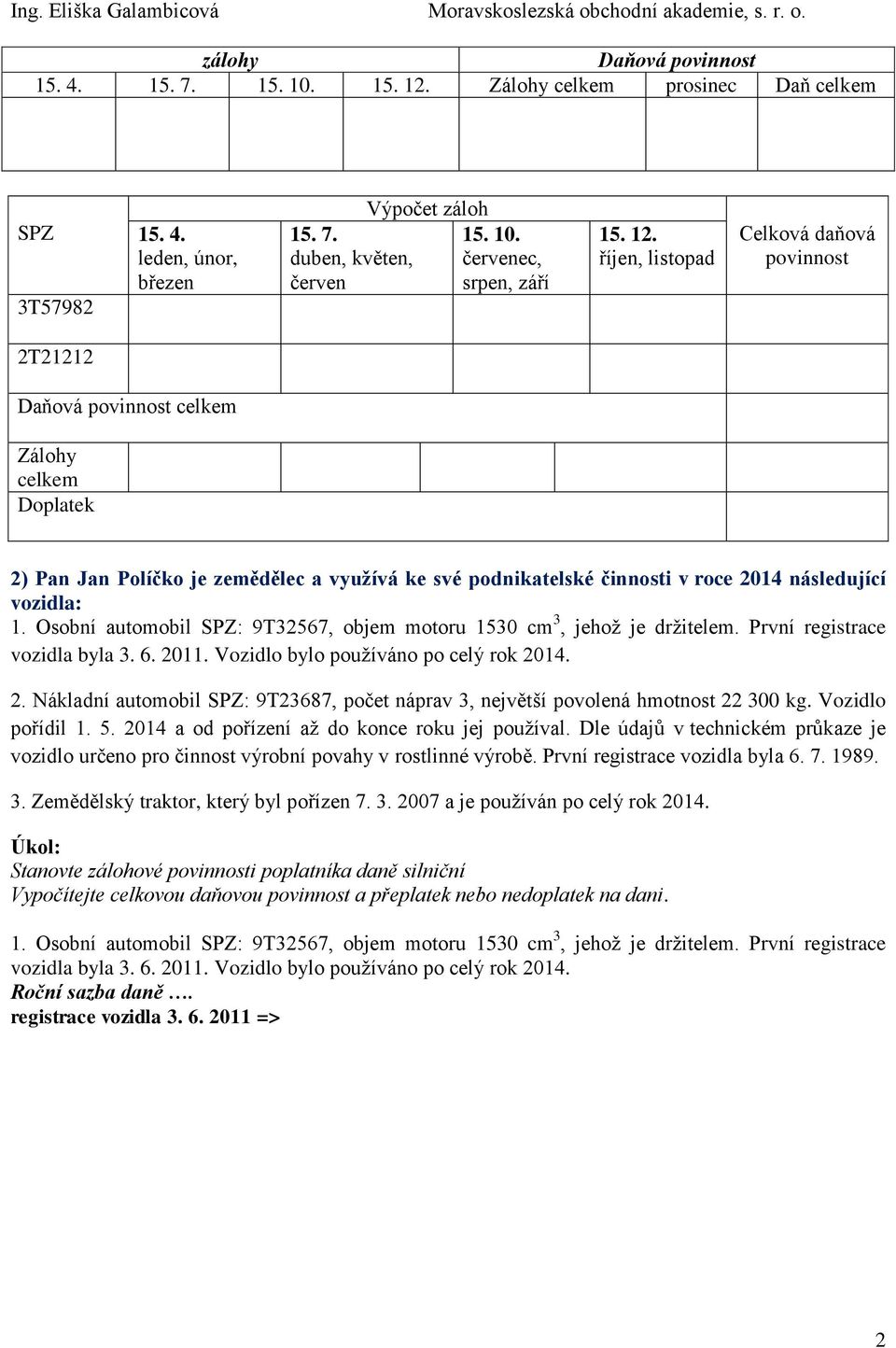 Vozidlo pořídil 1. 5. 2014 a od pořízení až do konce roku jej používal. Dle údajů v technickém průkaze je vozidlo určeno pro činnost výrobní povahy v rostlinné výrobě. První registrace vozidla byla 6.