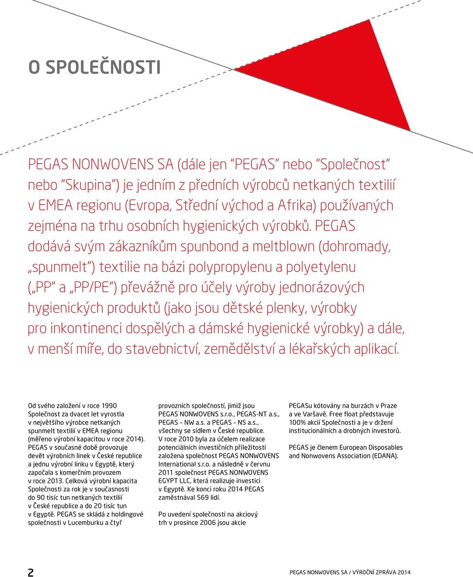 PEGAS dodává svým zákazníkům spunbond a meltblown (dohromady, spunmelt ) textilie na bázi polypropylenu a polyetylenu ( PP a PP/PE ) převážně pro účely výroby jednorázových hygienických produktů