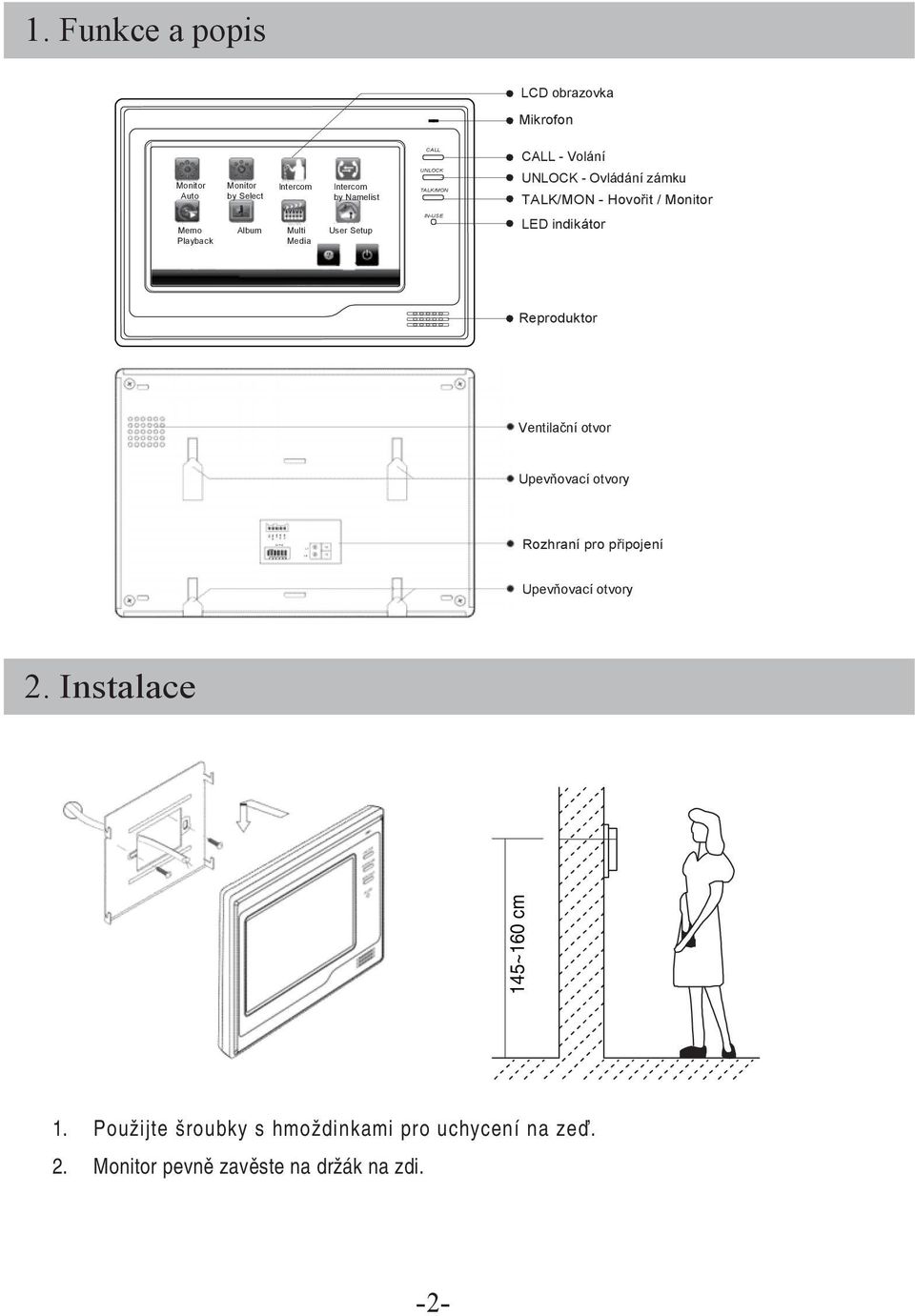 Ovládání zámku - Hovořit / Monitor Memo Album Multi User Setup LED indikátor Playback Media Reproduktor Ventilační