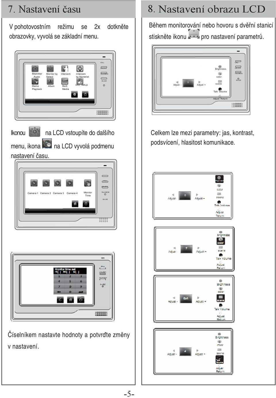 Brightness Monitor Auto Monitor by Select Intercom Intercom by Namelist color Memo Playback Album Multi Media 5 User Setup Adjust - Adjust + scene Talk Volume