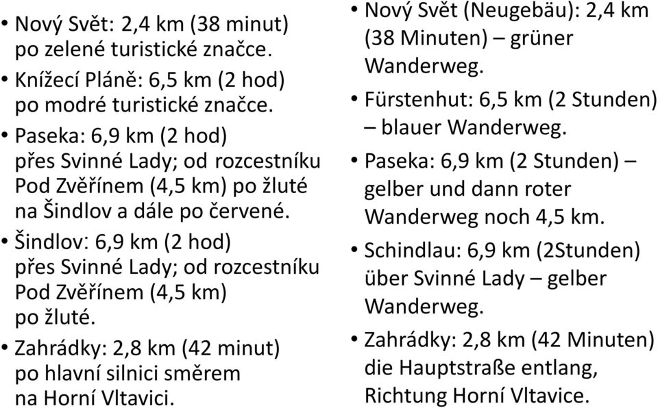 Šindlov: 6,9 km (2 hod) přes Svinné Lady; od rozcestníku Pod Zvěřínem (4,5 km) po žluté. Zahrádky: 2,8 km (42 minut) po hlavní silnici směrem na Horní Vltavici.