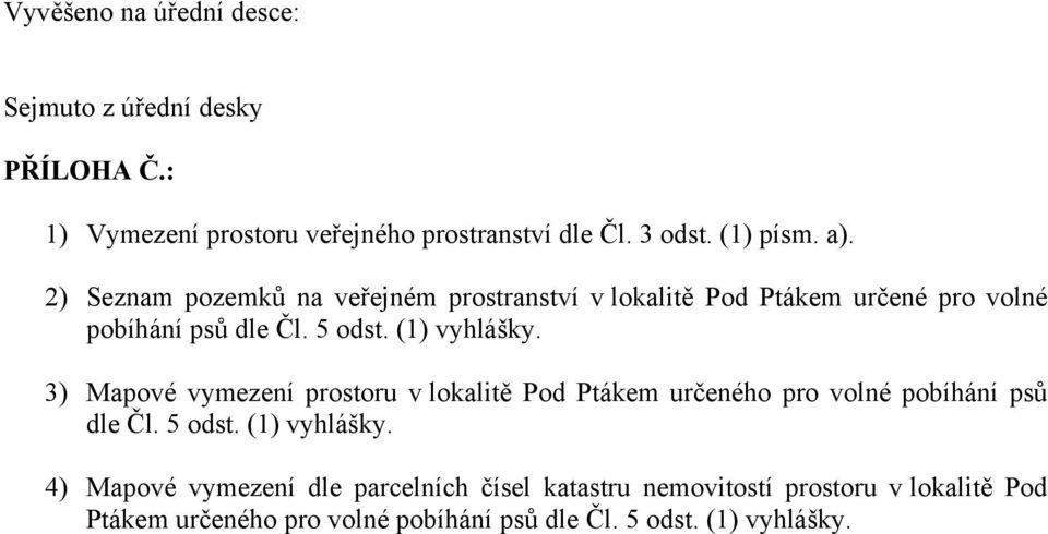 3) Mapové vymezení prostoru v lokalitě Pod Ptákem určeného pro volné pobíhání psů dle Čl. 5 odst. (1) vyhlášky.