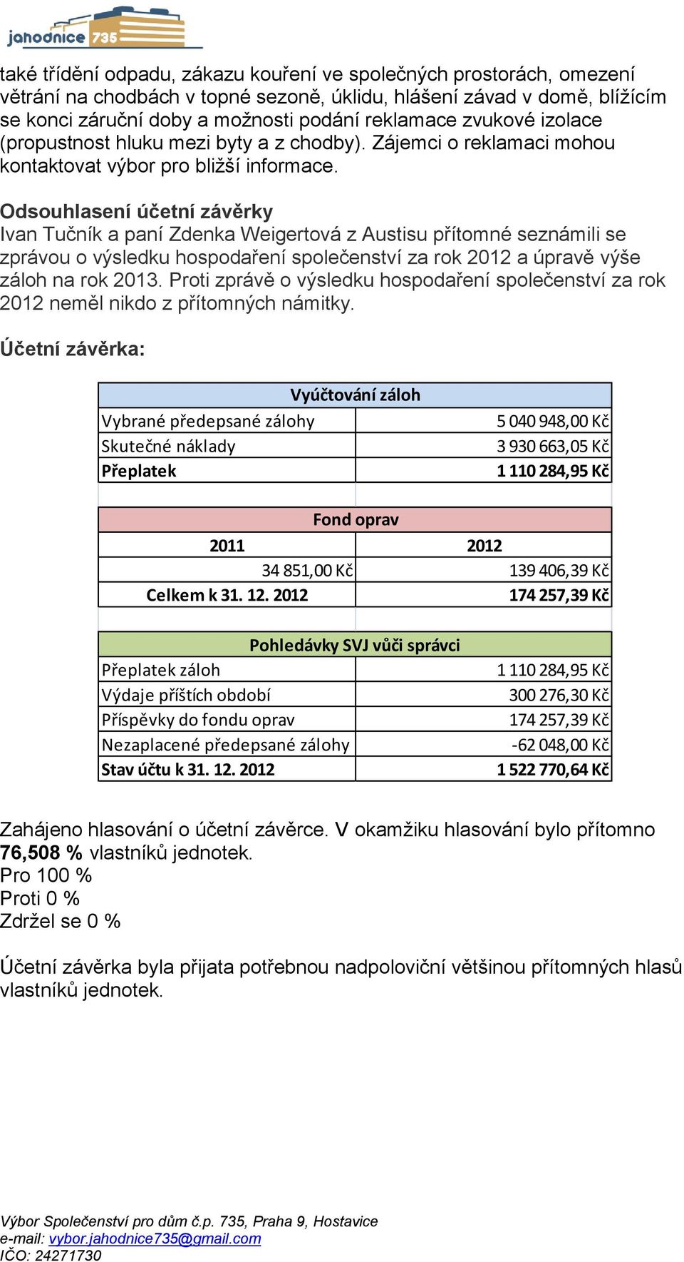 Odsouhlasení účetní závěrky Ivan Tučník a paní Zdenka Weigertová z Austisu přítomné seznámili se zprávou o výsledku hospodaření společenství za rok 2012 a úpravě výše záloh na rok 2013.