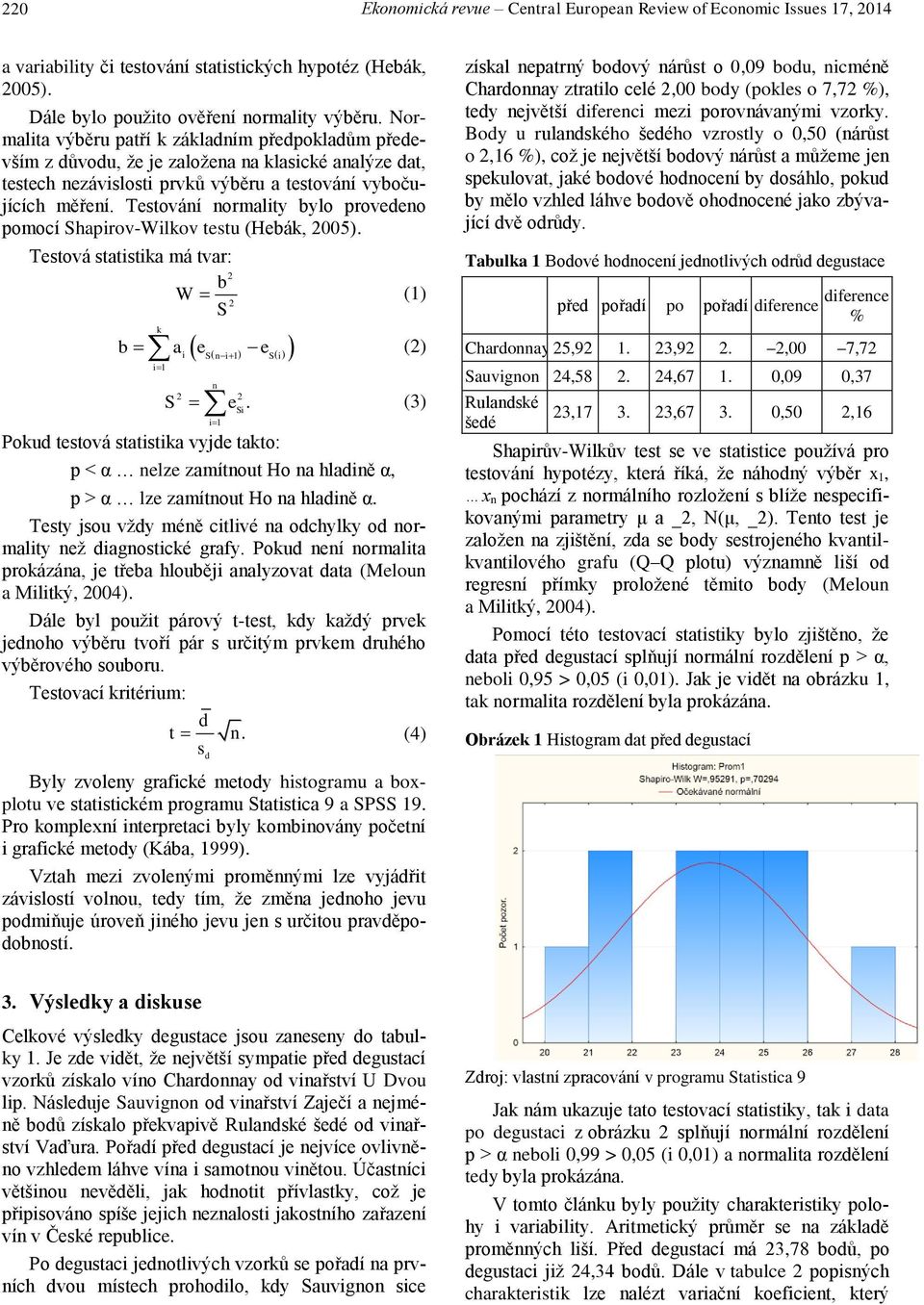 Testování normality bylo provedeno pomocí Shapirov-Wilkov testu (Hebák, 2005).