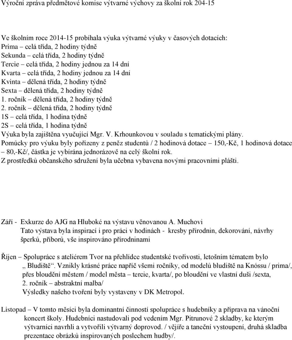 ročník dělená třída, 2 hodiny týdně 2. ročník dělená třída, 2 hodiny týdně 1S celá třída, 1 hodina týdně 2S celá třída, 1 hodina týdně Výuka byla zajištěna vyučující Mgr. V. Krhounkovou v souladu s tematickými plány.