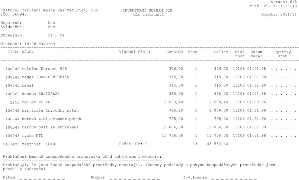 modry potah 795,20 5 3 976,00 10106 01.01.98...... 100244 barova zidl.sv.modr.potah 795,00 1 795,00 10106 01.01.98...... 100247 barovy pult se skrinkami 19 004,00 1 19 004,00 10106 01.