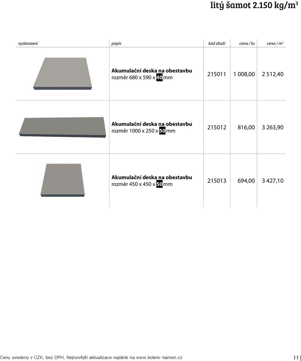 680 x 590 x 40 mm 215011 1 008,00 2 512,40 Akumulační deska na obestavbu rozměr 1000 x 250 x 50 mm
