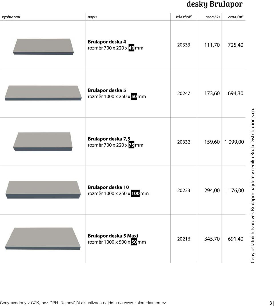 100 mm Brulapor deska 5 Maxi rozměr 1000 x 500 x 50 mm 20332 159,60 1 099,00 20233 294,00 1 176,00 20216 345,70 691,40 Ceny ostatních